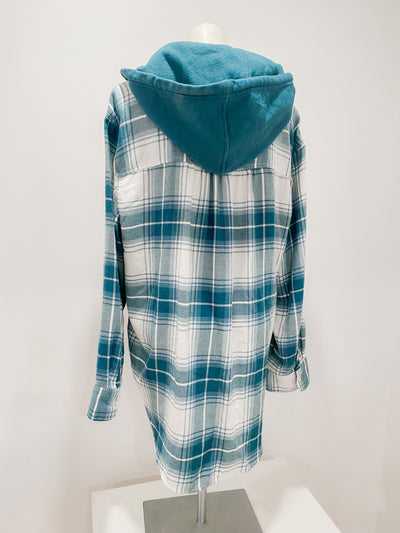 Teal American Eagle Flannel Plaid Hooded Button Down