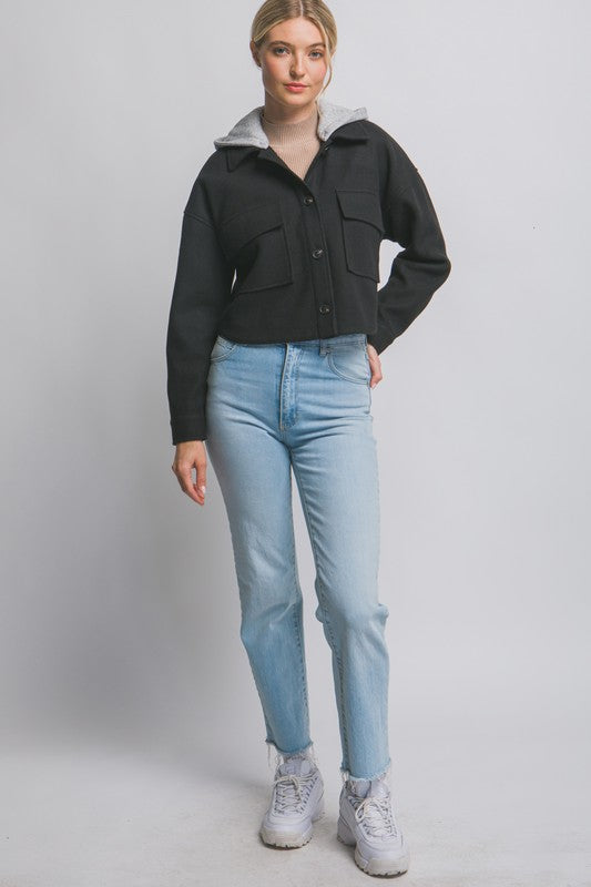 Black Cropped Shacket With Removable Hood