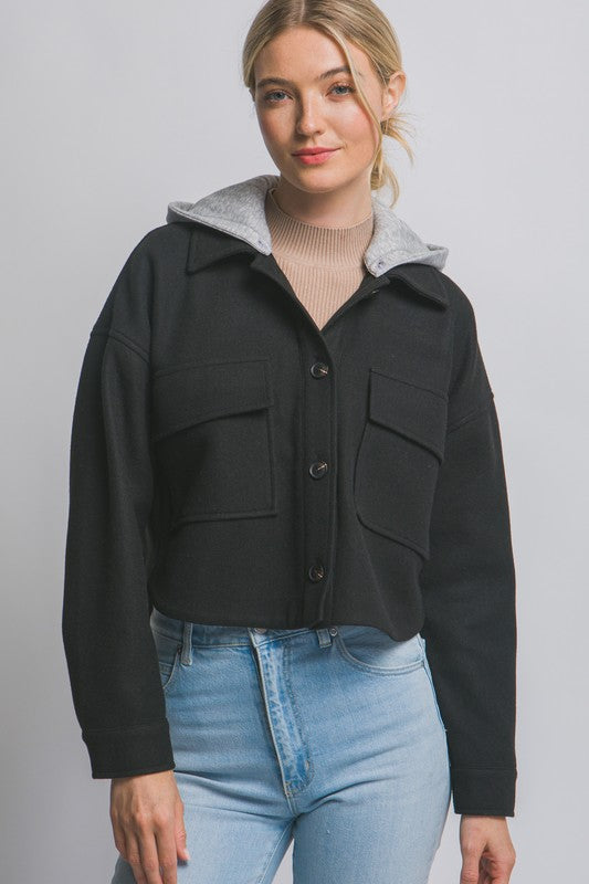 Black Cropped Shacket With Removable Hood
