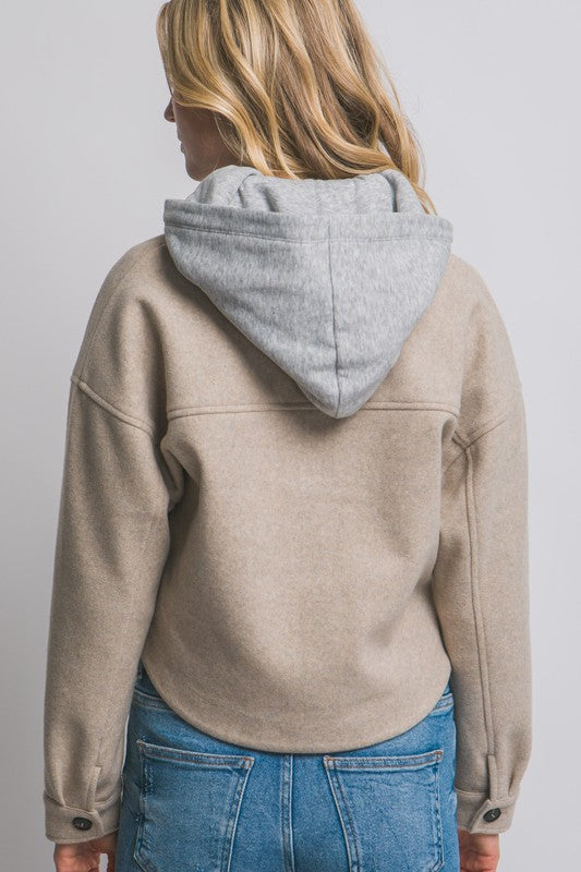 Oatmeal Cropped Shacket With Removable Hood