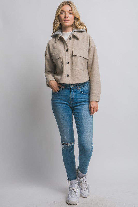 Oatmeal Cropped Shacket With Removable Hood