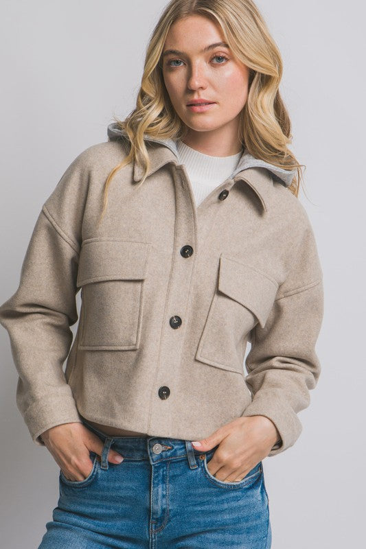 Oatmeal Cropped Shacket With Removable Hood