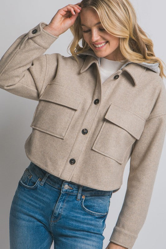 Oatmeal Cropped Shacket With Removable Hood