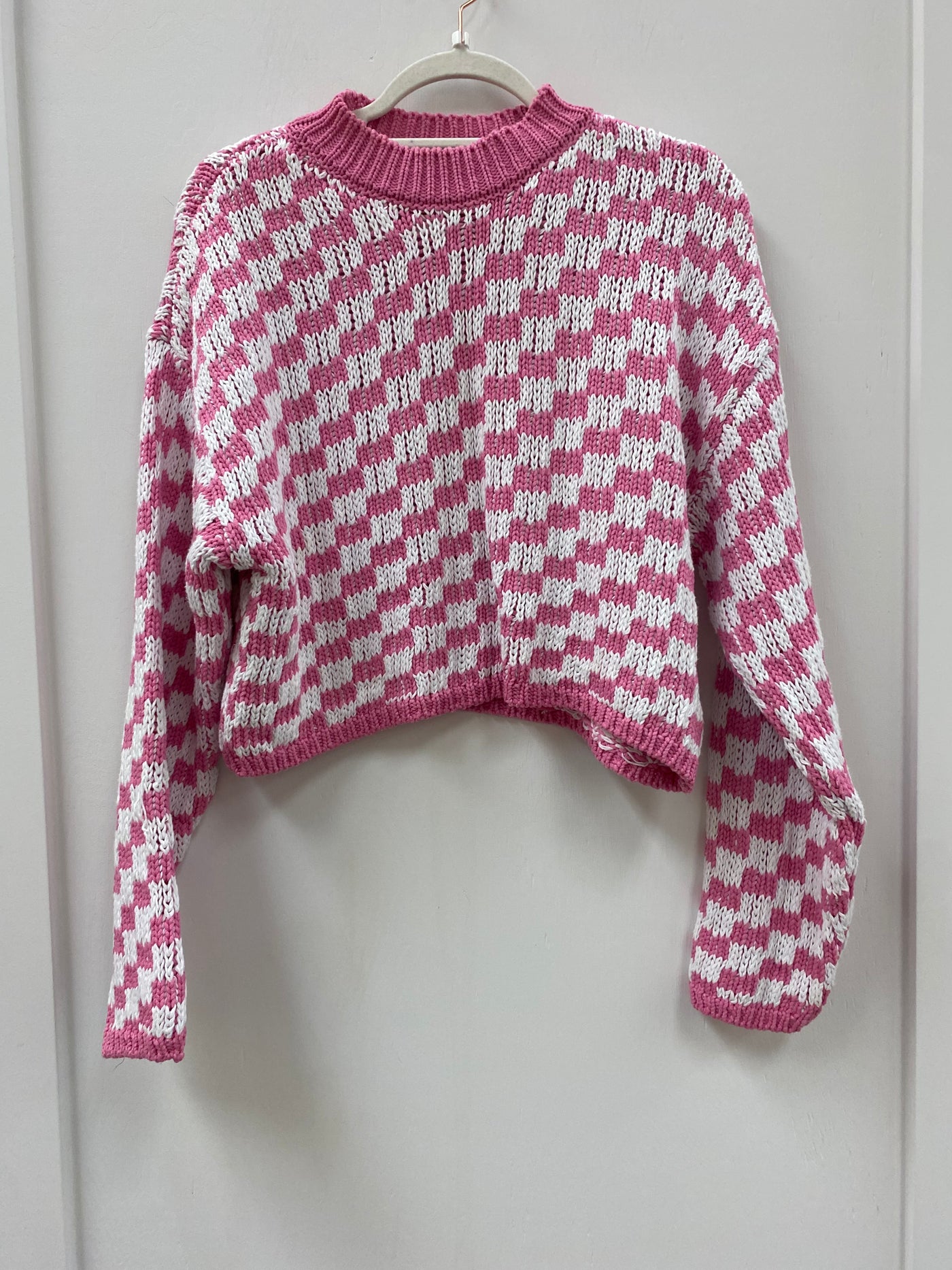 Pink & White Checkered Knit Sweater