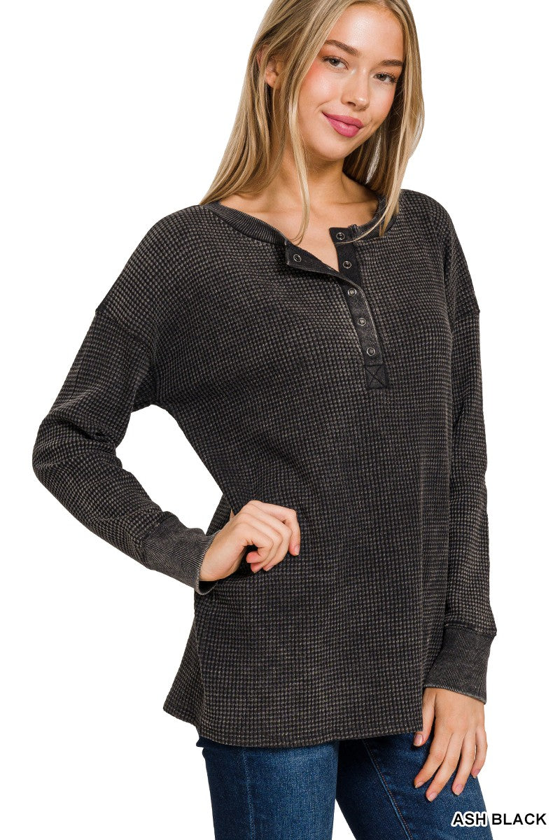 Waffle Knit Henley Long Sleeve