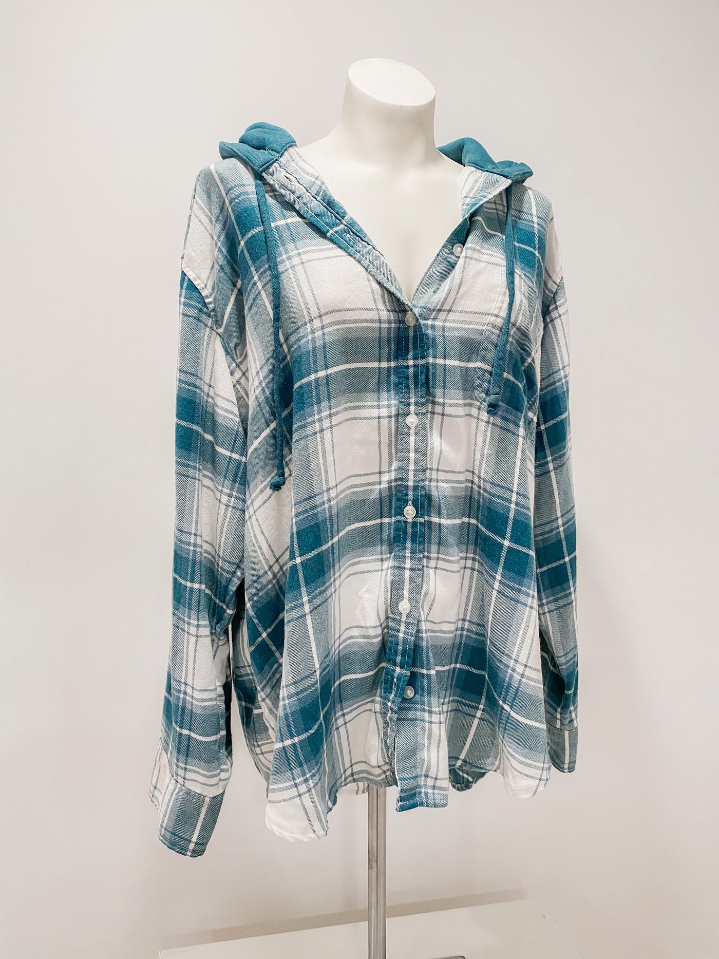 Teal American Eagle Flannel Plaid Hooded Button Down
