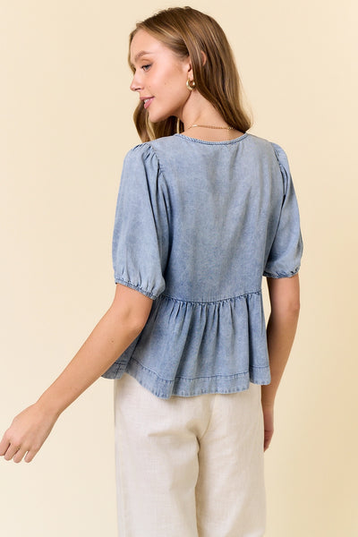 Tie Up Babydoll Denim Blouse