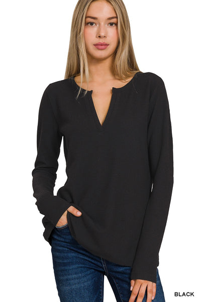 Waffle Knit V Neck Long Sleeve