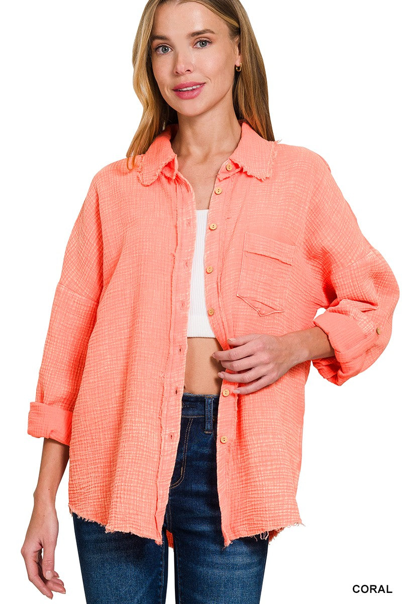Coral Cotton Button Down