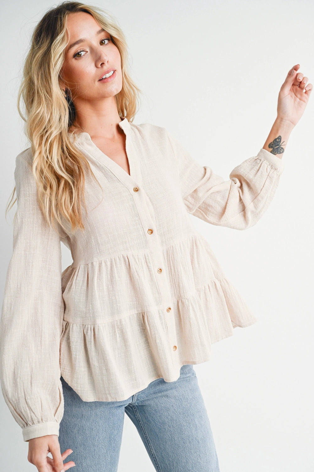 Cotton Oatmeal Babydoll Blouse