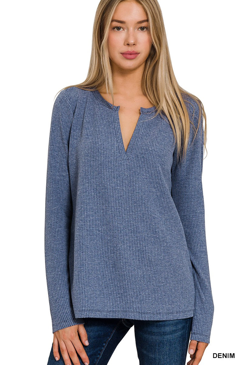 Waffle Knit V Neck Long Sleeve