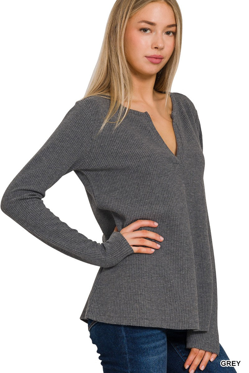 Waffle Knit V Neck Long Sleeve