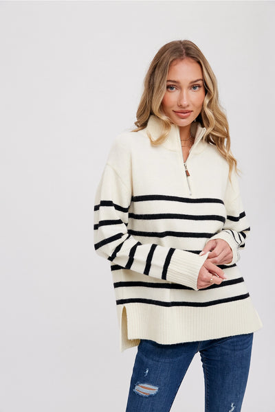 Quarter Zip Up Striped Pullover Sweater