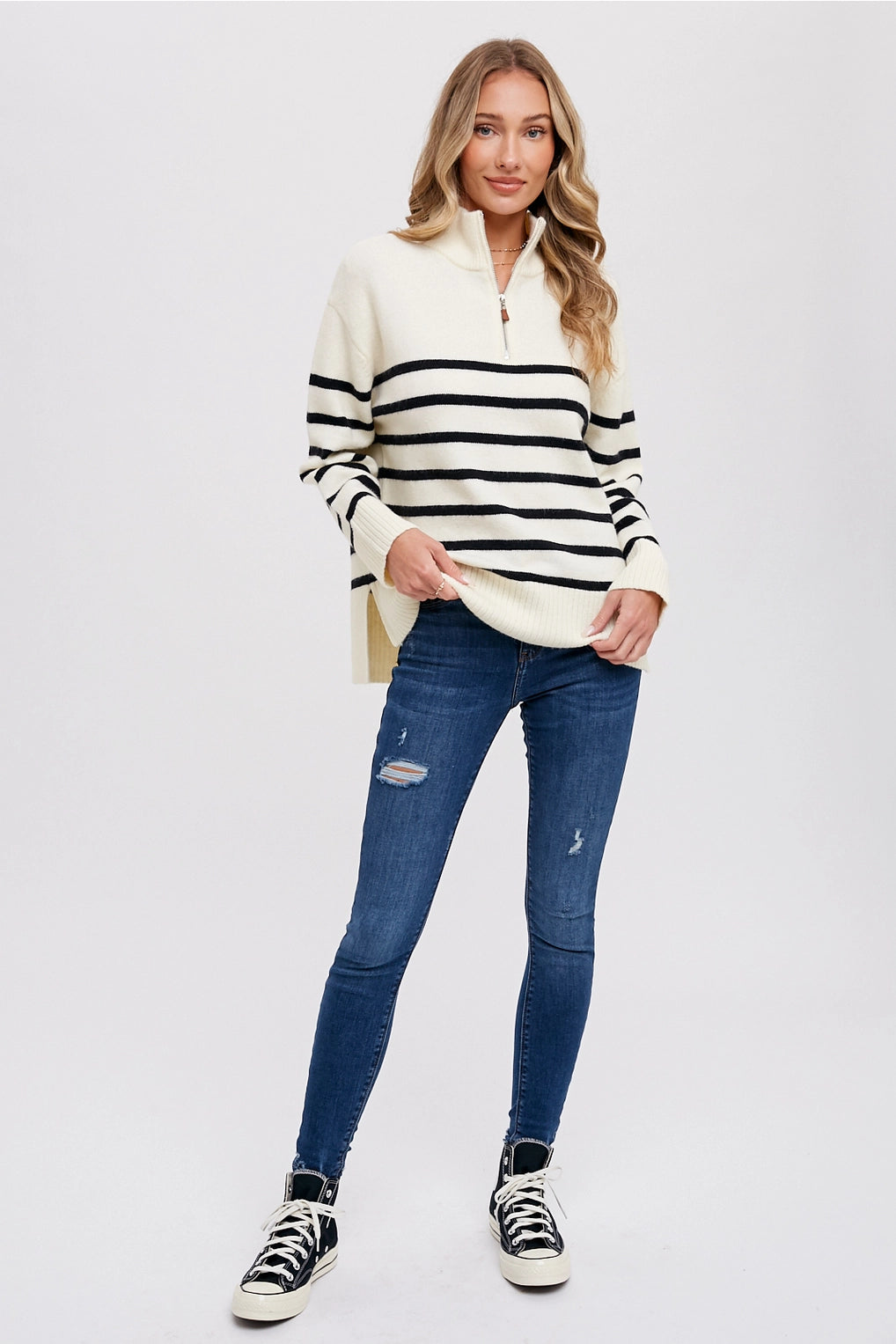 Quarter Zip Up Striped Pullover Sweater