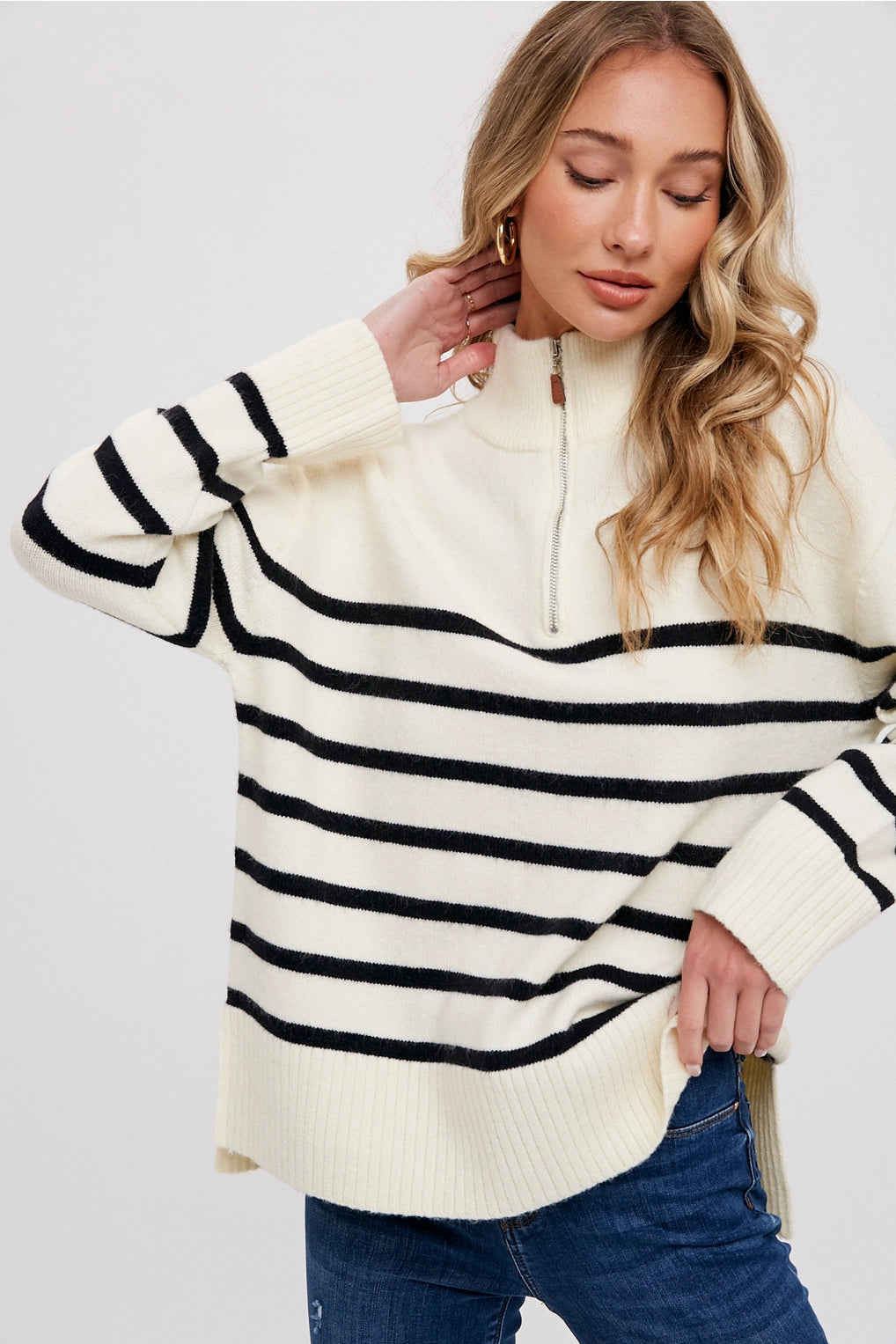 Quarter Zip Up Striped Pullover Sweater