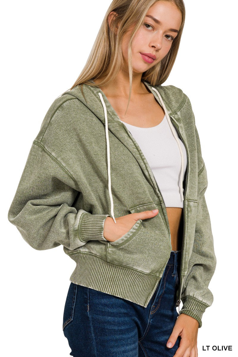 Olive Fleece Cropped Hoodie