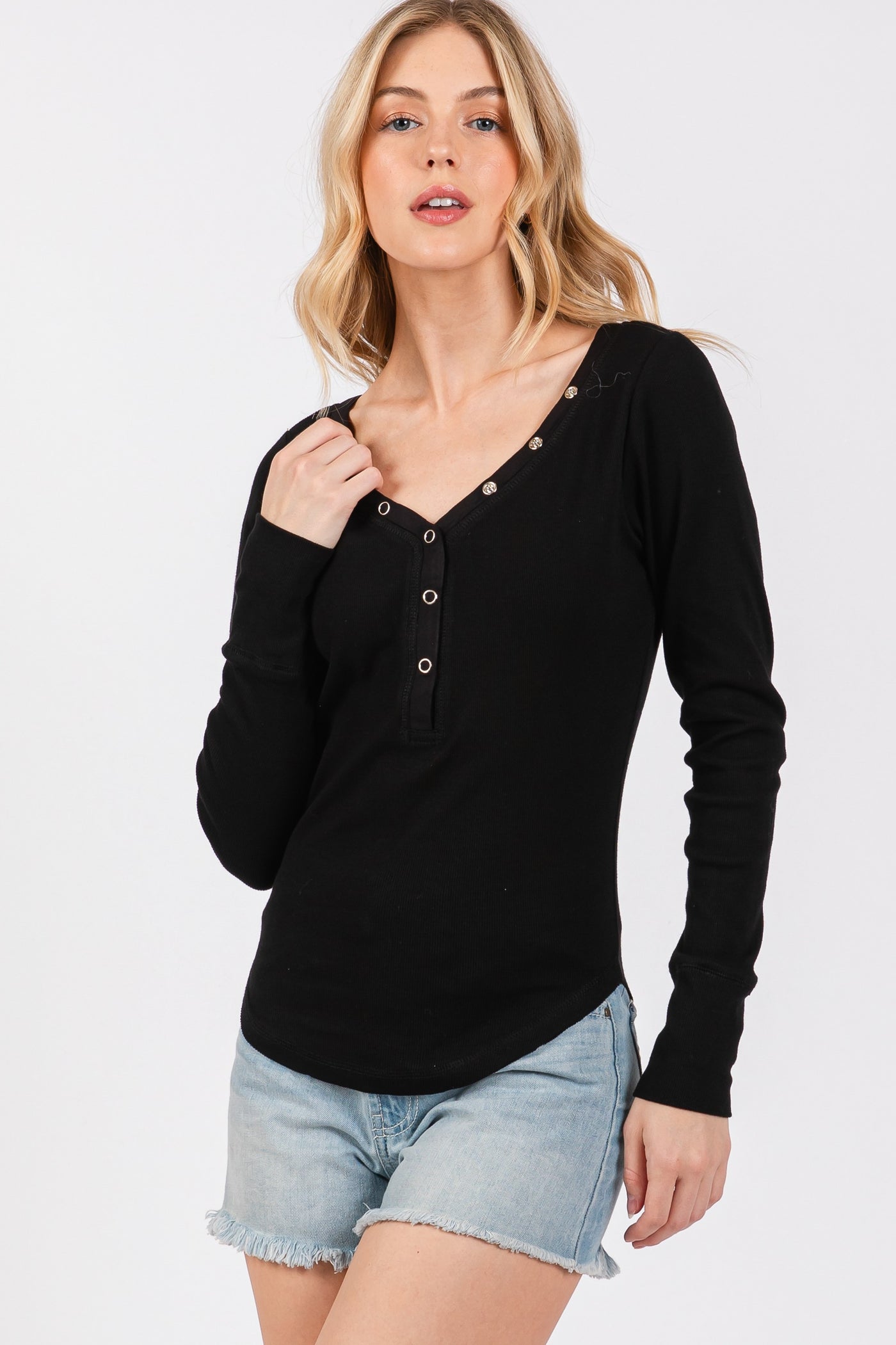 Ribbed Button Henley Long Sleeve