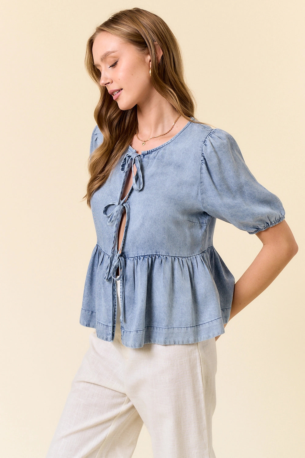 Tie Up Babydoll Denim Blouse