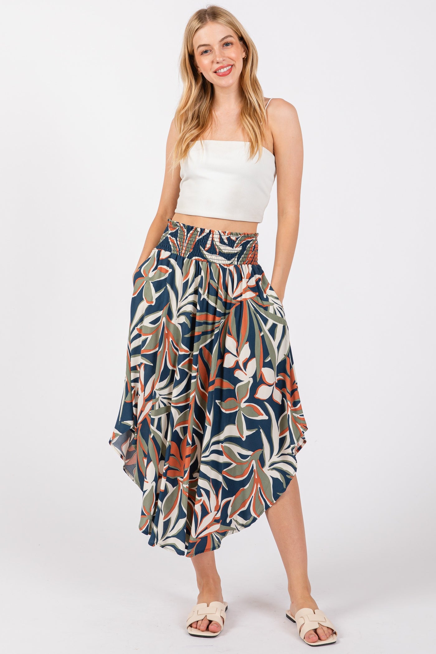 Navy Tropical Midi Skirt