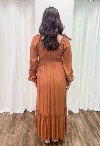 Terracotta smocked waist maxi dress