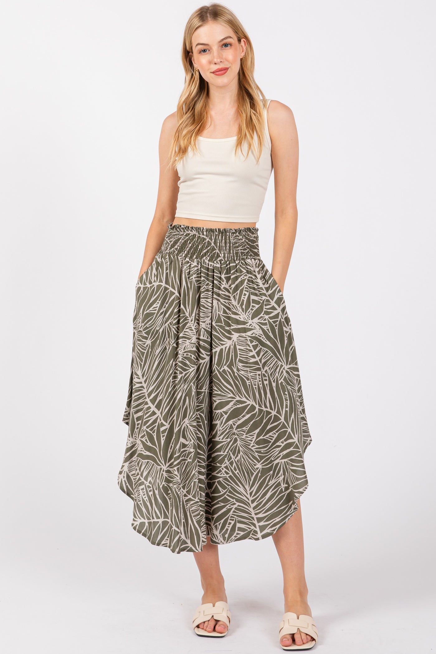 Olive Tropical Midi Skirt